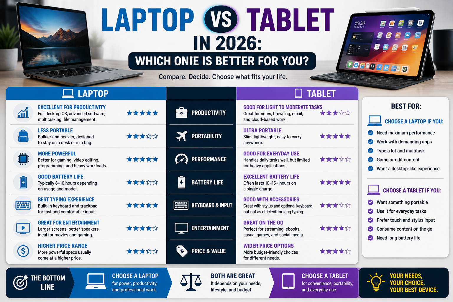 Laptop vs tablet in 2026 comparison showing performance, portability, battery life, productivity, and value