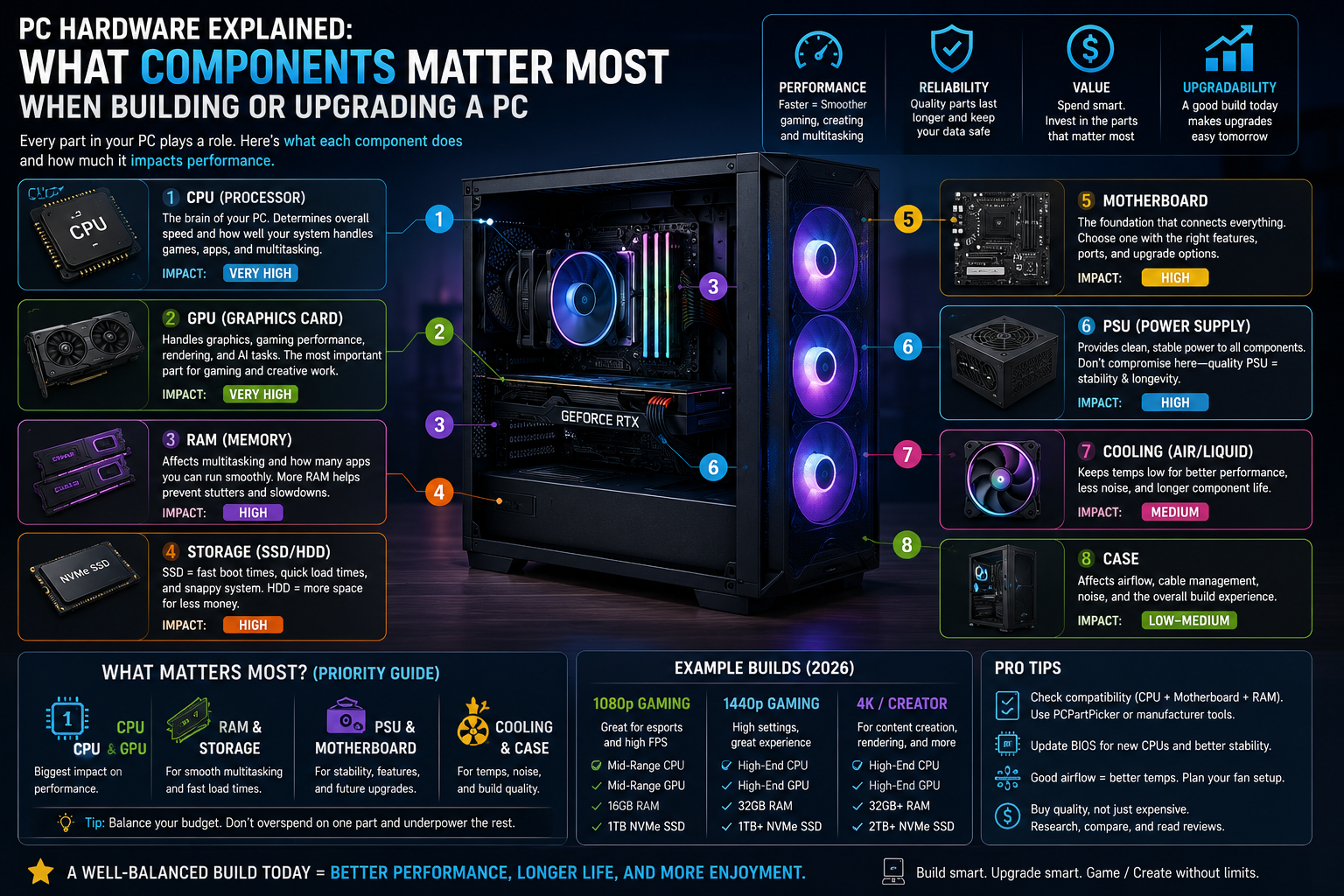 PC hardware explained showing CPU, GPU, RAM, storage, motherboard, PSU, cooling, and case components