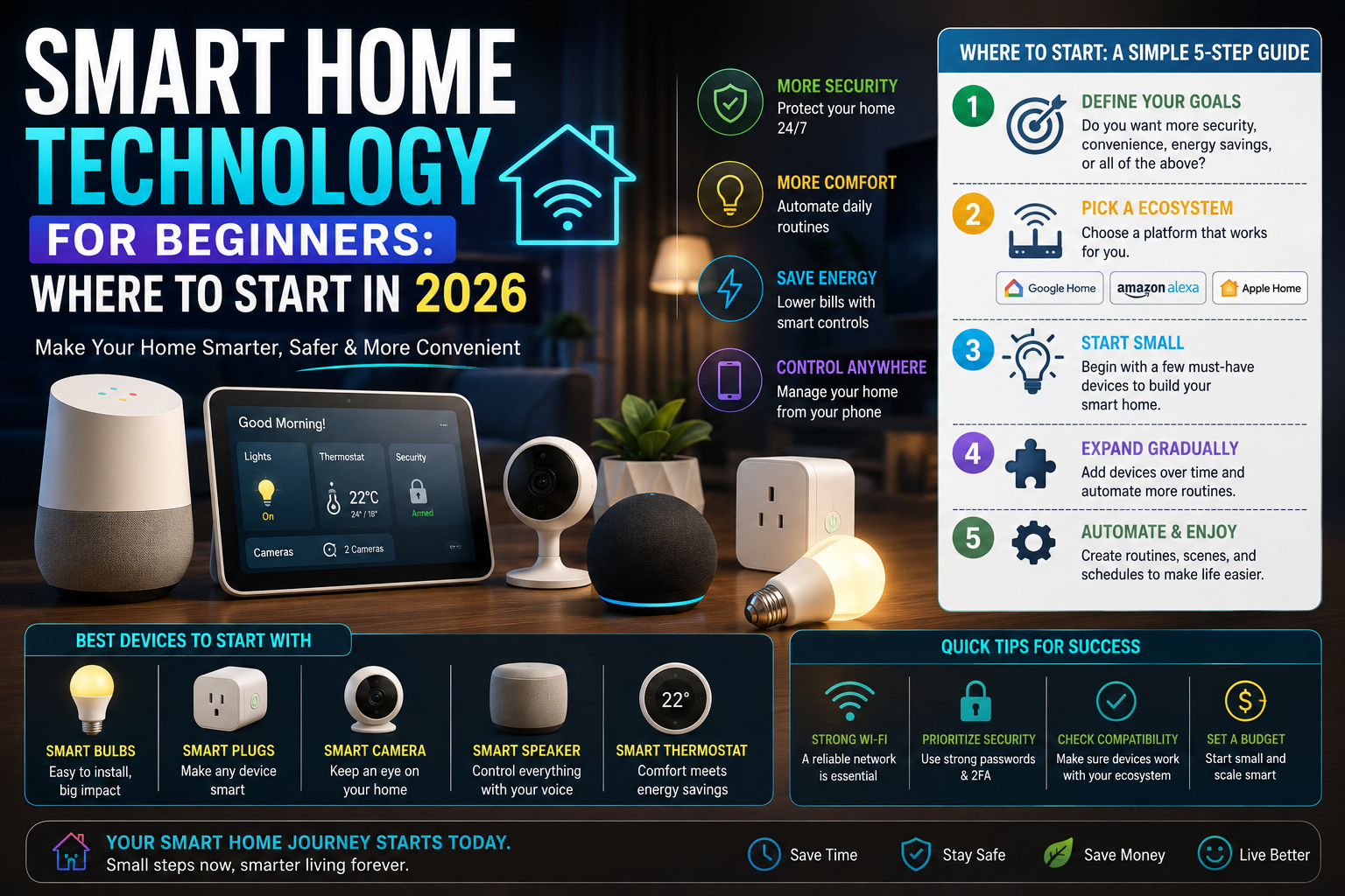 Smart home technology for beginners showing essential devices and setup steps for 2026