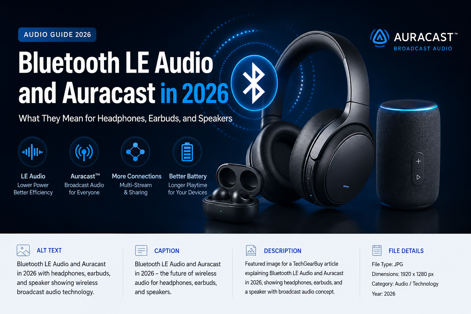 Bluetooth LE Audio and Auracast in 2026 with headphones, earbuds, and wireless speaker